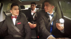 Three boys driving to prom