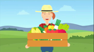 A cartoon farmer holding a crate of fruits and vegetables
