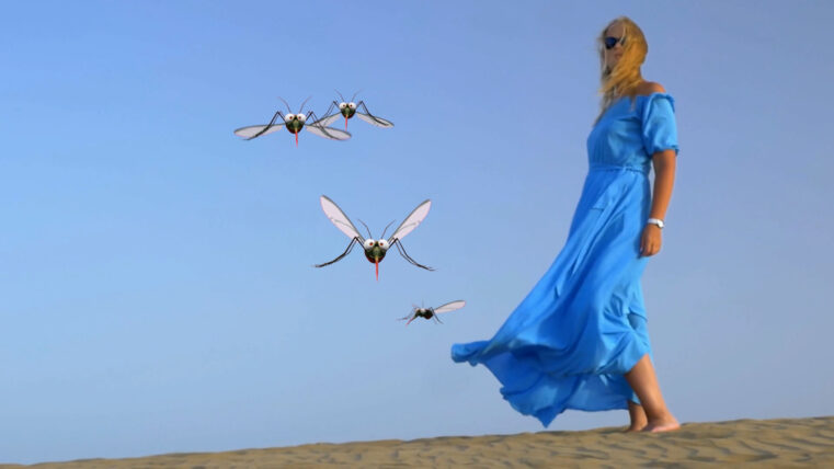 An attractive woman in a blue dress attracts mosquitoes